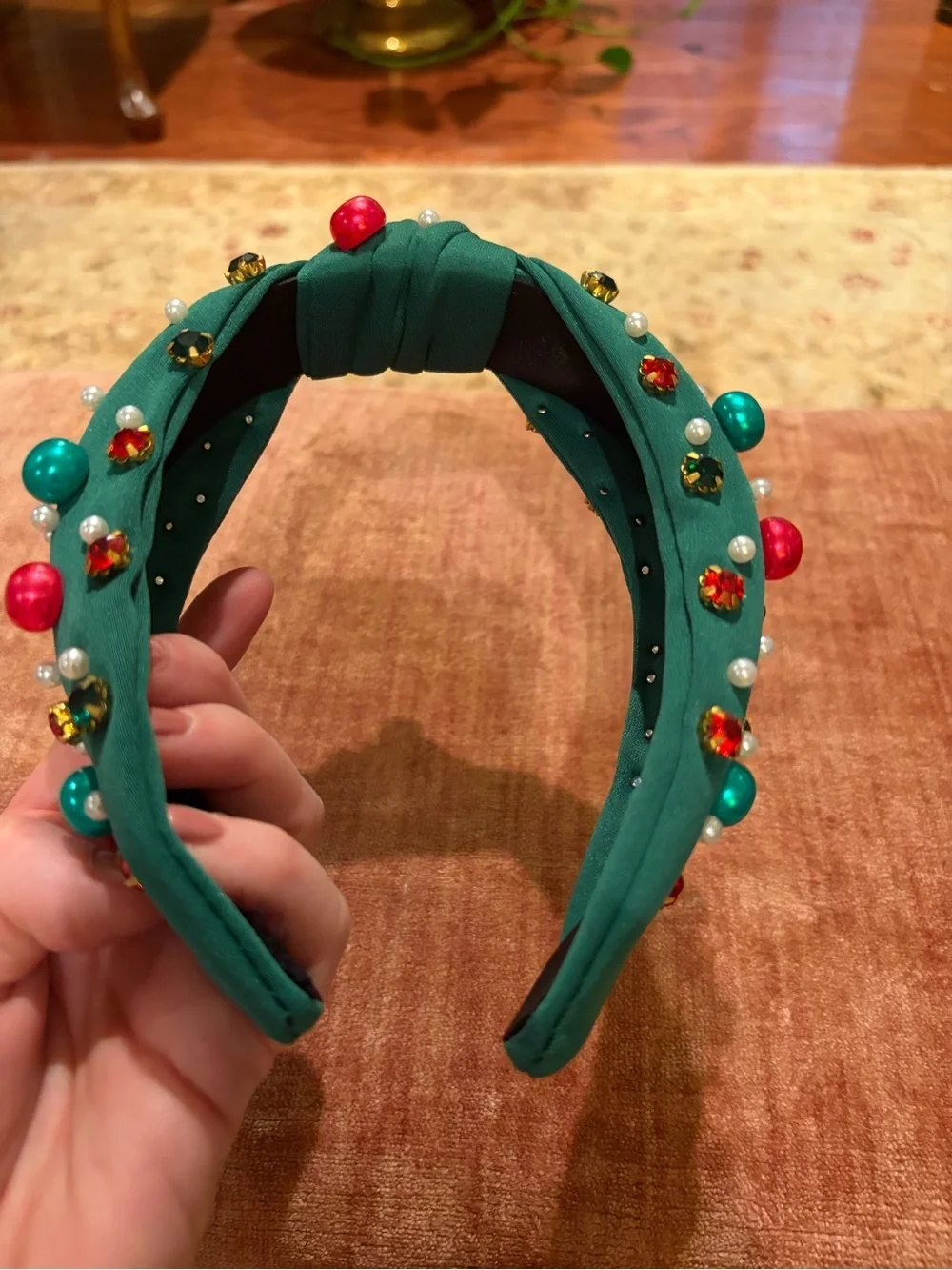 NWOT Embellished Emerald Knot Headband with Pearls & Gems Christmas teacher